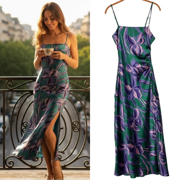 House of Harlow 1960 Dresses & Skirts - House of Harlow 1960 Satin Floral Maxi Dress Small Green Purple Slit Summer